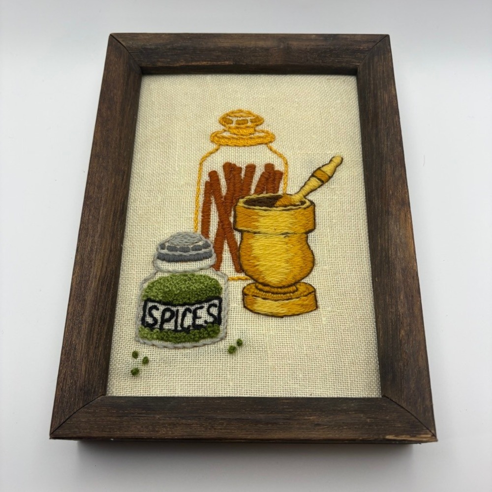 Vintage 1975 Hand Embroidered Crewelwork Kitchen Spice Wall Art Framed 6.5x8.5